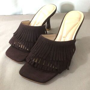 NEW Kenneth Cole Darby Fringe Mule Heels Brown Square Toe Sandal Size 6